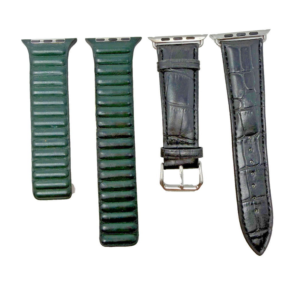 Lot 2 Apple Watch Bands 45mm Series 7 Green OEM + Black Leather 42/44/45